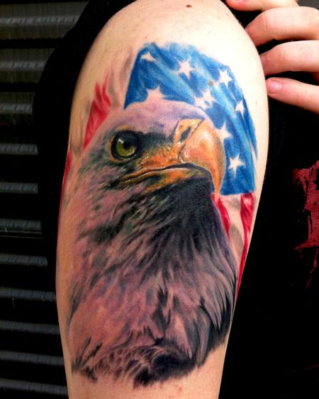 Colorful Tattoo on American Flag & Bald Eagle On Half Sleeve By Chad Miskimon