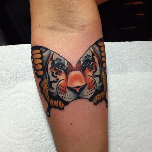 Colorful Tiger Butterfly Tattoo On Forearm