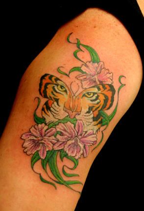 Colorful Tiger Butterfly With Flowers Tattoo On Half Sleeve