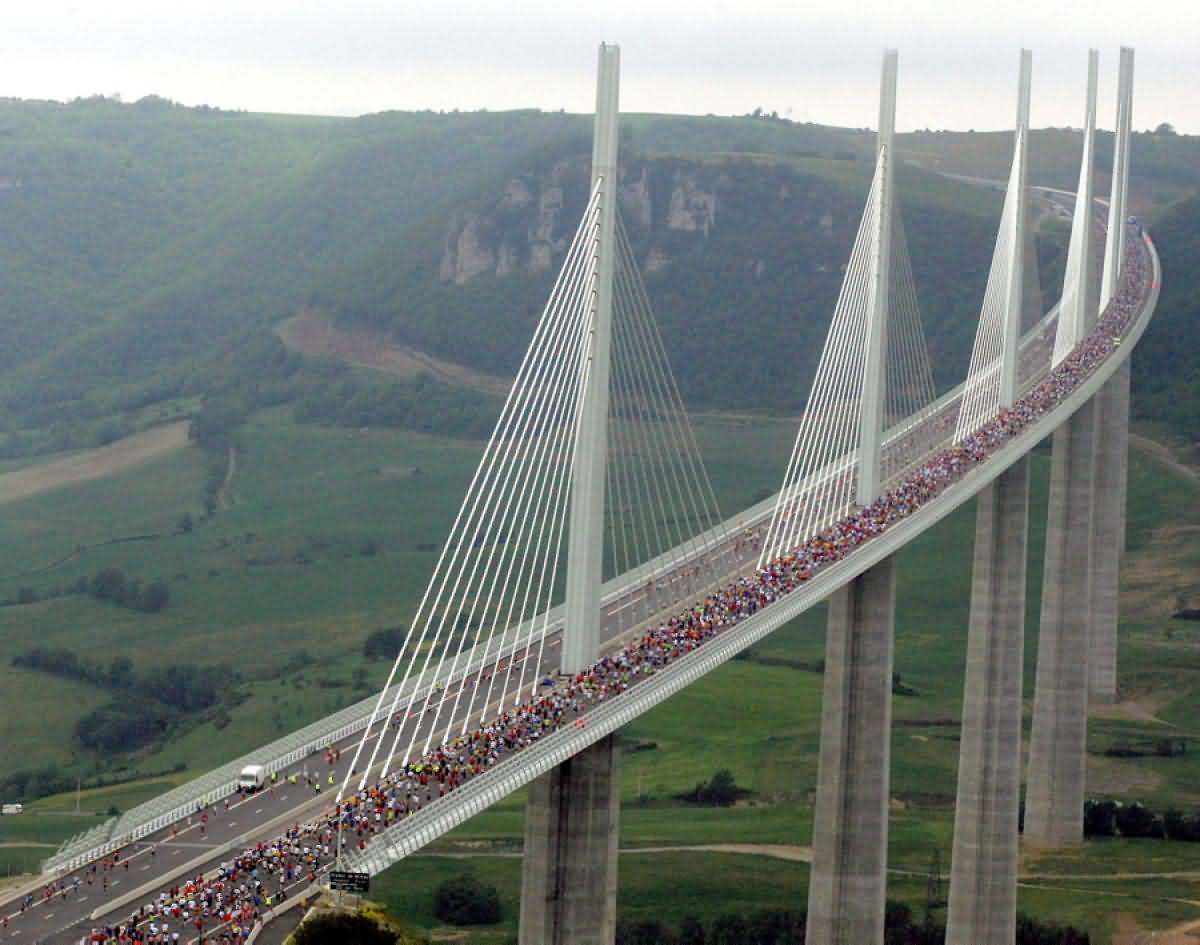 Competitors taking part in a marathon on Millau Viaduct