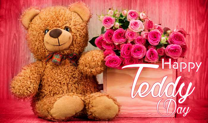 Cute brown teddy with pink roses basket Happy Teddy Bear Day