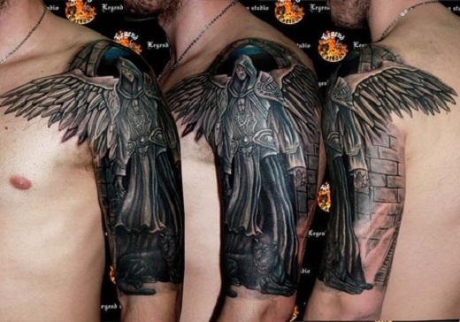 Dark Fallen Angel Tattoo On Male Shoulder & Half Sleeve