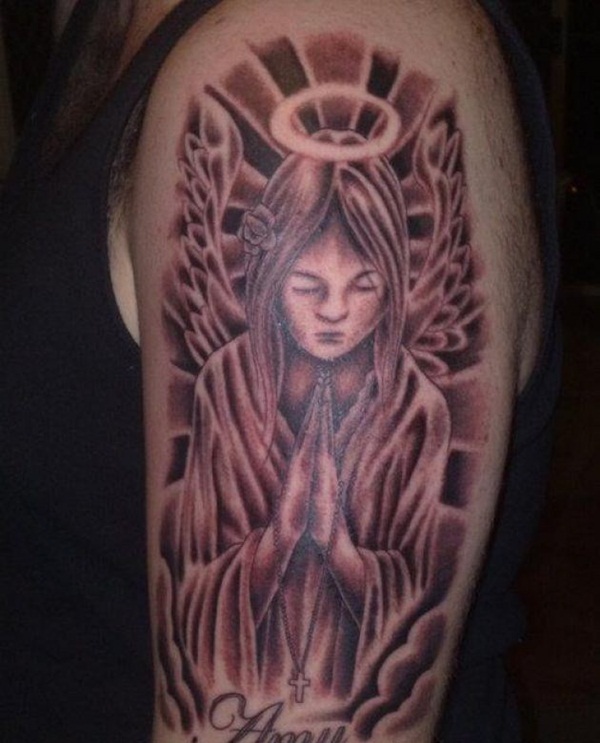 Dark Gray Praying Angel With Halo Tattoo On Half Sleeve