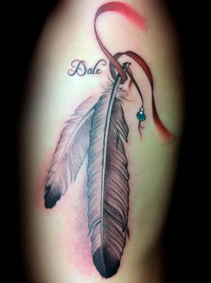 Eagle Feathers Memorial Tattoo With Ribbon & Wording