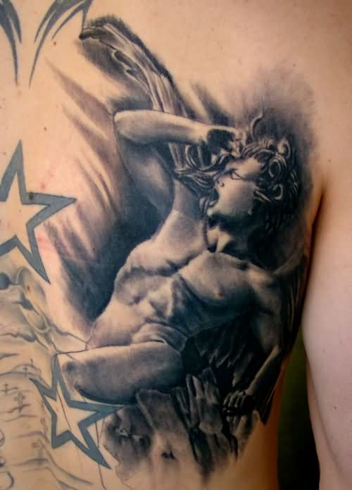 Fallen Baby Angel Tattoo On Chest For Men