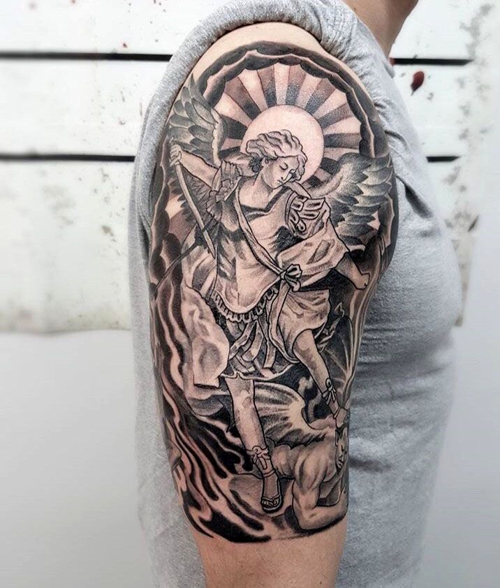 Flying Archangel With Swords Tattoo On Half Sleeve