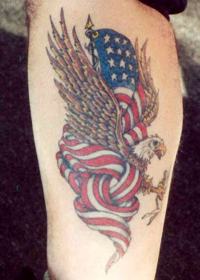 Flying Bald Eagle & American Flag Tattoo On Leg