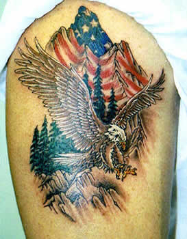 Flying Eagle With American Flag & Mountains Tattoo On Sleeve