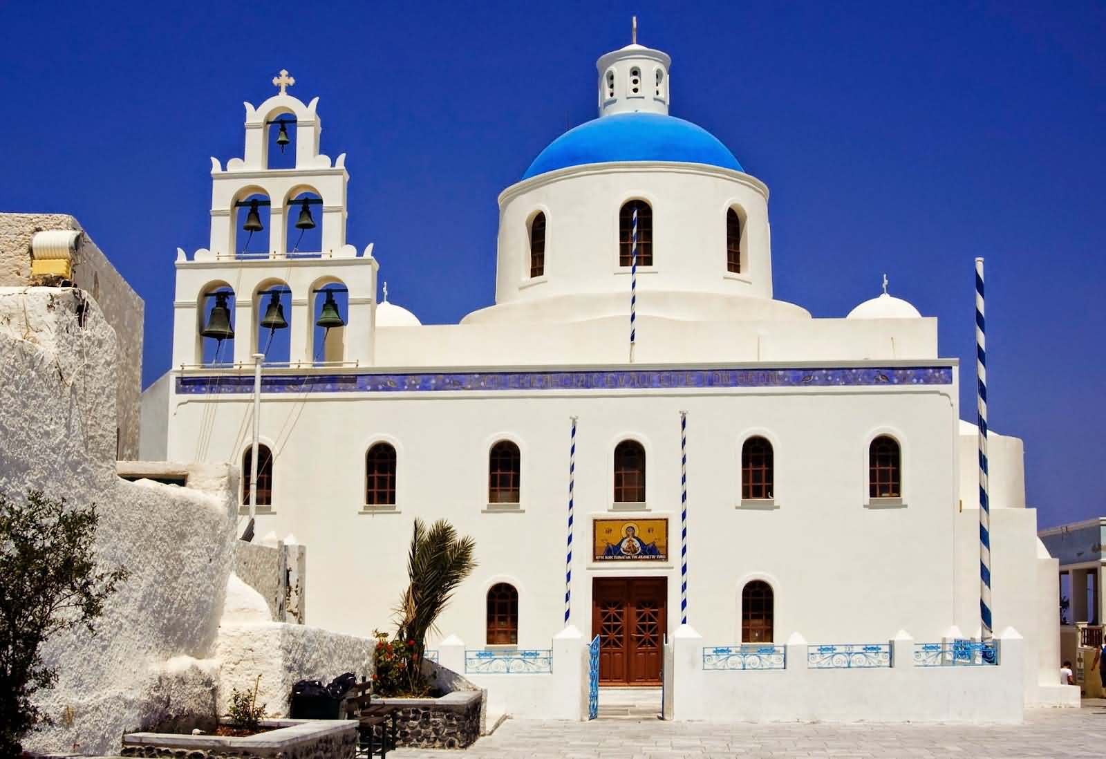 Front View Of The Blue Dome Church In Santorini