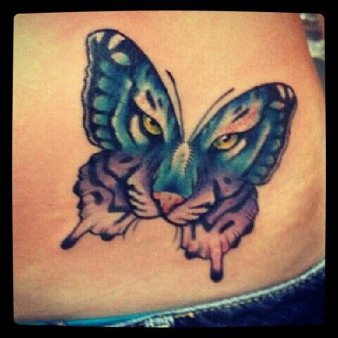Girly Colorful Tiger Butterfly Tattoo On Hip
