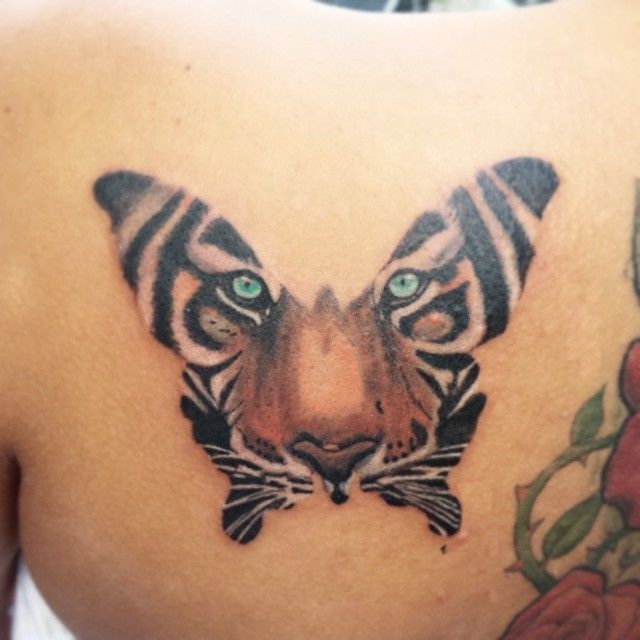 Girly Tiger Butterfly Tattoo On Back by Daniel Delfin