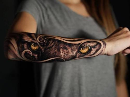 Gorgeous Tiger Eyes Tattoo On Girl Forearm By James Strickland