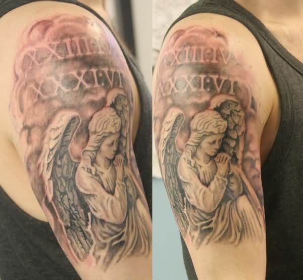 Gray Ink Sitting Praying Angel With Clouds and Roman Letters Tattoo On Shoulder & Half Sleeve