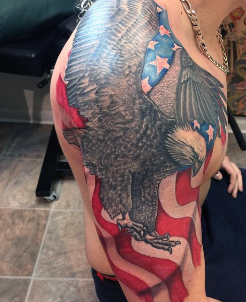 Grey Eagle With American Flag Tattoo Design On Shoulder For Men