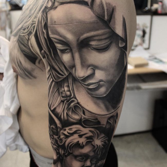 Grey Ink Amazing Archangel Tattoo On Sleeve