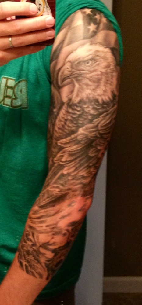 Grey Ink American Flag & Eagle Tattoo On Full Sleeve