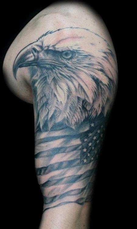 Grey Ink American Flag With Bald Eagle Tattoo On Half Sleeve