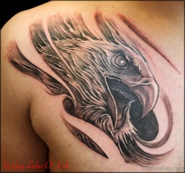 Grey Ink Angry Eagle Head Tattoo On Chest For Men