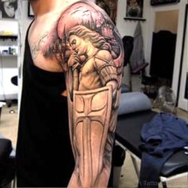 Grey Ink Archangel Tattoo On Half Sleeve