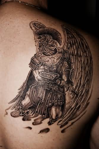 Grey Ink Archangel Tattoo On Right Back Shoulder