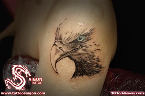 Grey Ink Blue Eyed Eagle Head Tattoo On Shoulder
