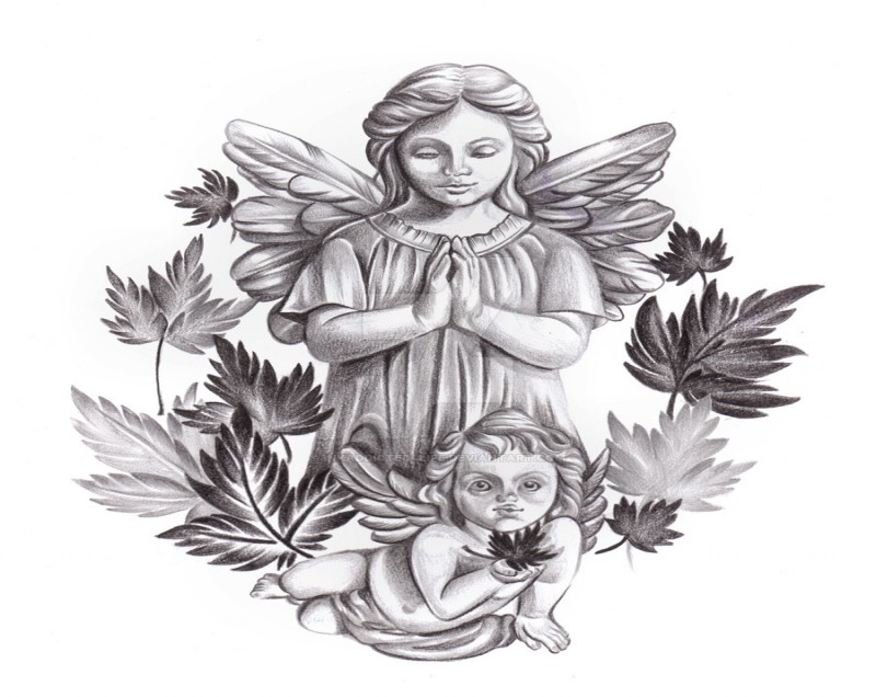 Grey Ink Cute Baby Angel With Praying Mother Angel Tattoo Design