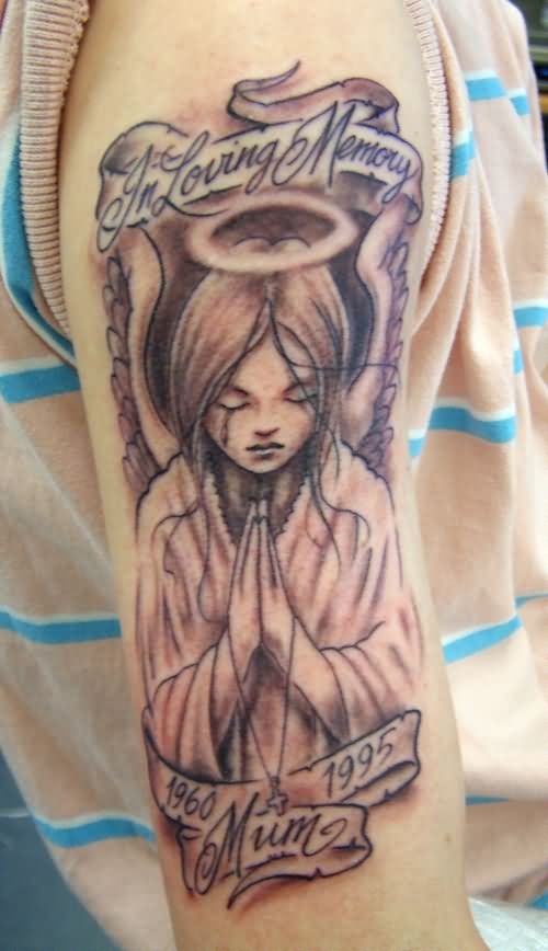 Grey Ink Cute Praying Girl Angel With Tears Memorial Tattoo On Sleeve