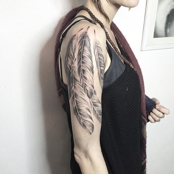Grey Ink Eagle Feathers Tattoo on Shoulder For Girls