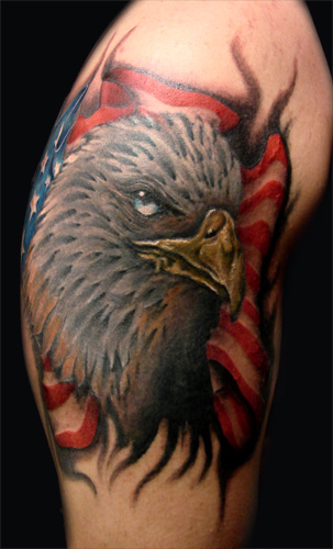 Grey Ink Eagle Head With American Flag Tattoo On Half Sleeve