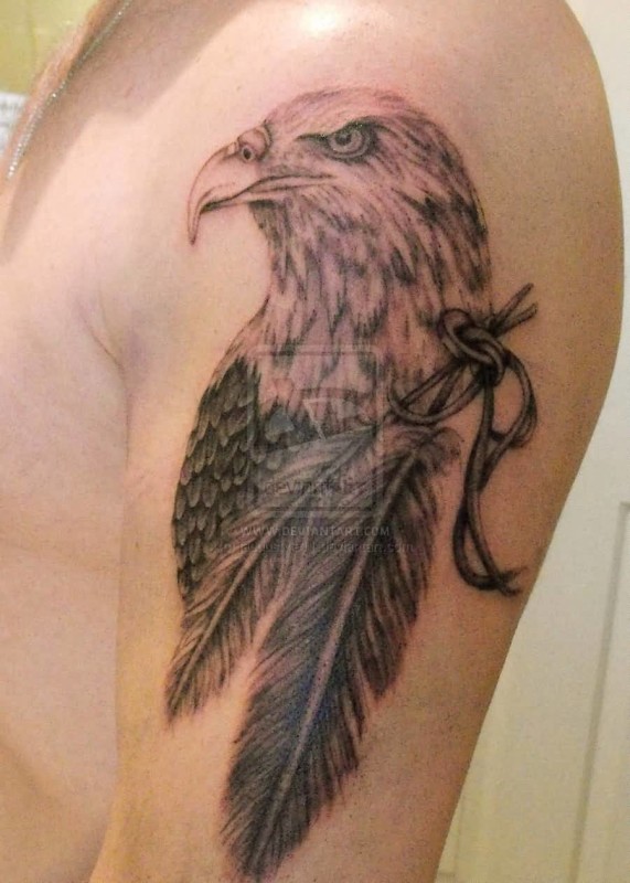 Grey Ink Eagle Head With Feathers Tattoo On Half Sleeve