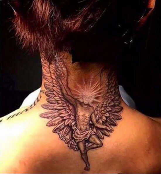 Grey Ink Fallen Angel Tattoo On Back Neck