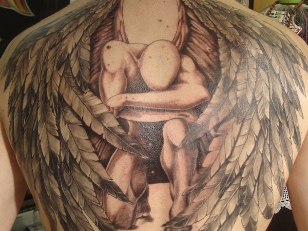 Grey Ink Male Fallen Angel Tattoo On Full Back For Men