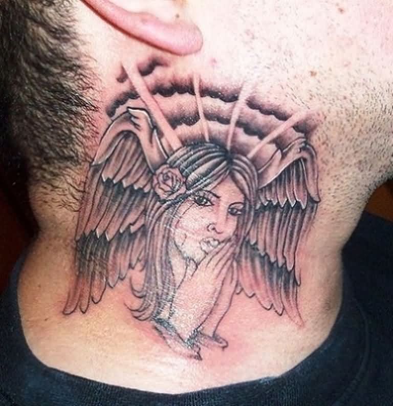 Grey Ink Praying Angel Head With Wings Tattoo On Side Neck