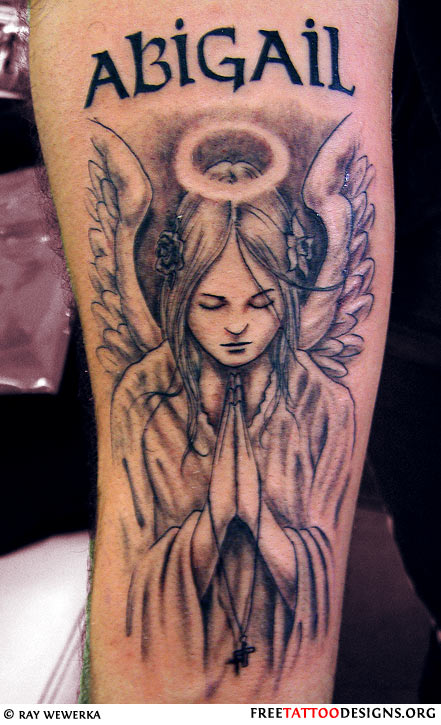Grey Ink Praying Angel With Halo Tattoo On Forearm
