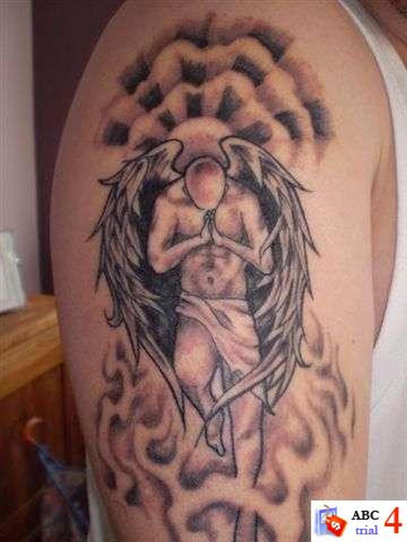 Grey Ink Praying Male Angel Tattoo On Half Sleeve