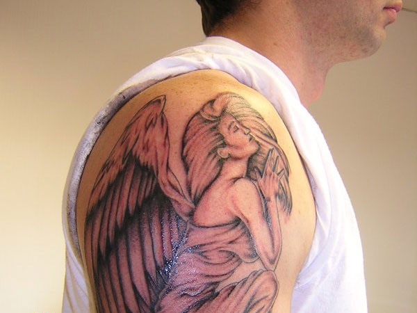 Grey Ink Sensuous Praying Angel Tattoo On Half Sleeve