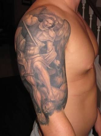 Grey Ink St. Michael – The Archangel Tattoo On Man Half Sleeve