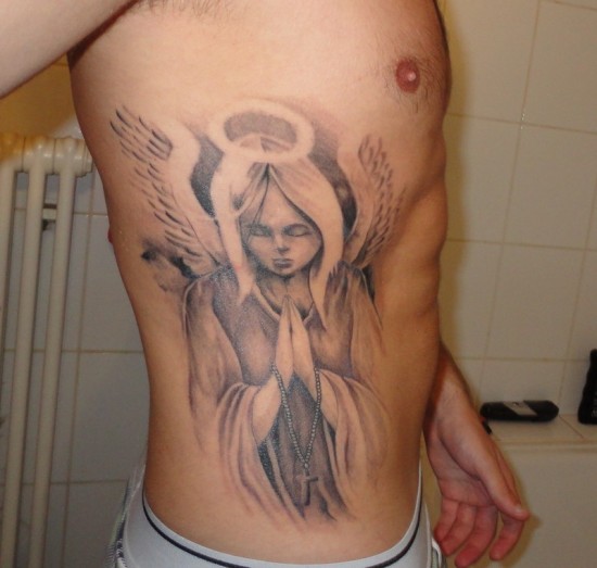 Grey & White Amazing Close Eyes Prating Angel Tattoo On Man Siderib