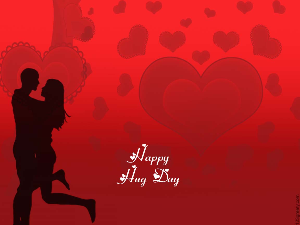 Happy Hug Day white text red hearts background greeting card