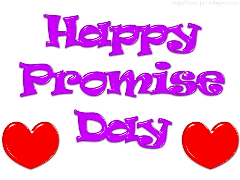 Happy Promise Day purple text with red hearts on white background