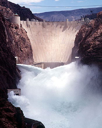 Hoover Dam releasing water from the jet-flow gates in 1988