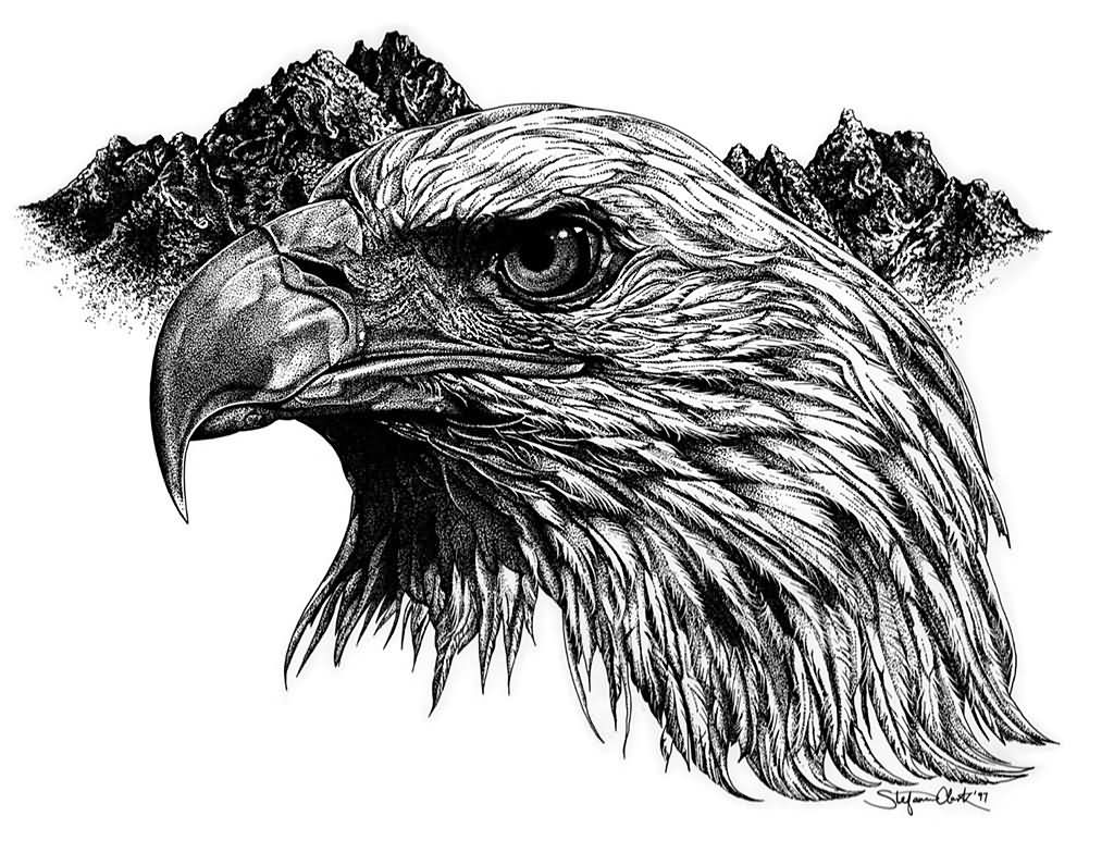 Incredible Black & Grey Realistic Eagle Head With Mountains In Background Tattoo Design