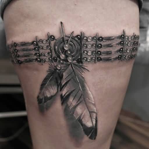 Incredible 3D Grey Ink Eagle Feather With Band Tattoo On Thigh For Girls