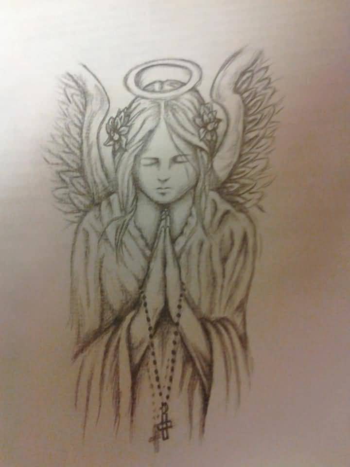 Incredible Drawing Of Praying Angel With Halo & Rosary In Hands Tattoo Design