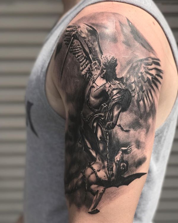 Incredible Grey Ink Archangel – St. Michael Killing Evil Tattoo On Half Sleeve