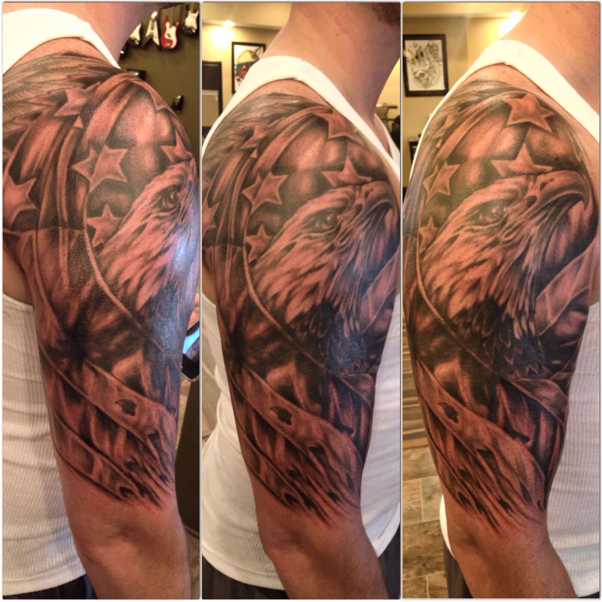 Incredible Grey Ink Bald Eagle & American Flag Composition Tattoo On Half Sleeve & Shoulder