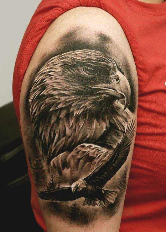 Incredible Grey Ink Bald Eagle Head & Flying Eagle Tattoo On Shoulder & Half Sleeve