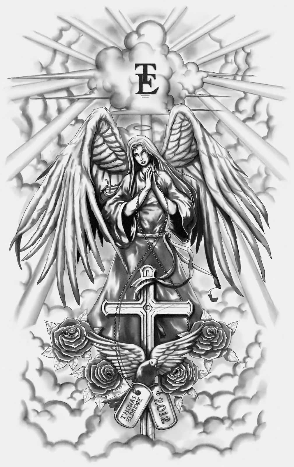 Incredible Praying Angel With Cross Clouds Tattoo Design For Back Or Chest ...