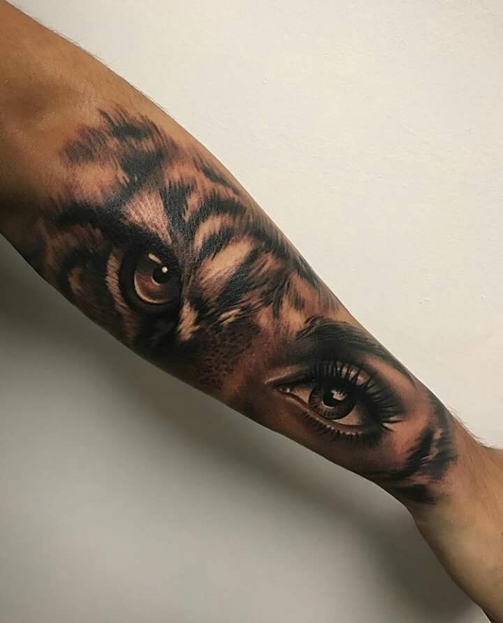 Lady & Tiger Eyes Tattoo On Forearm by Artis Garcia