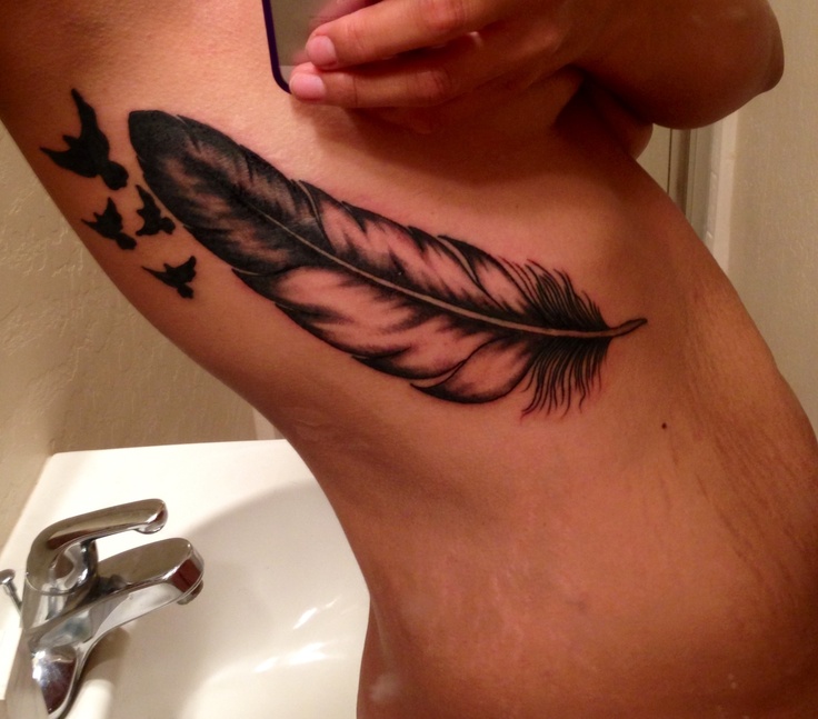 Large Black Eagle Wing With Small Eagles Tattoo On Siderib